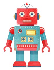 Fototapeta premium Retro-style robot illustration, red and teal, showing wear and tear