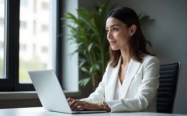 Focused professional financial bank specialist latin hispanic business lady working on laptop pc sitting in office. Middle eastern indian woman using computer technology for work. Vertical portrait