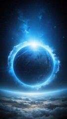 Glowing blue ring of energy on dark surface with dust and particles surrounding it