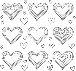 Sketchy heart designs for creative projects. Love heart illustrations for greeting cards. Creative hearts with stripes and textures. Black and white heart illustrations with patterns