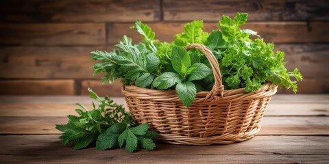 Naklejka premium Fresh herbs arranged artfully in a woven basket on wooden table