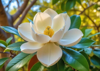 Obraz premium Large white magnolia flower on a branch in a Louisiana garden