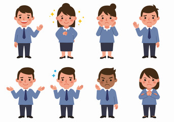 Diverse cartoon business people displaying various emotions including happiness, sadness, confusion, and anger, depicting a range of professional sentiments and gestures.