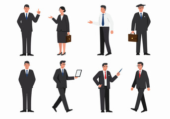 Illustrations of diverse business professionals in various poses, including presenting, walking, and holding accessories, ideal for corporate and educational design.
