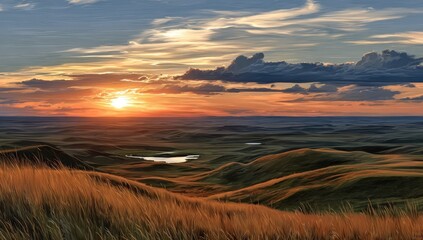 Golden sunset over rolling prairie landscape.  Vast fields of grass meet a vibrant sky with dramatic clouds