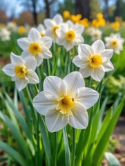 Delicate white narcissus flowers blooming in a serene garden