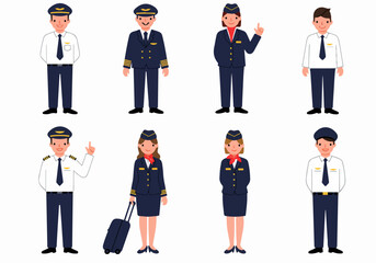 Cartoon pilots and flight attendants in various uniforms, representing air travel and aviation careers on a white background.
