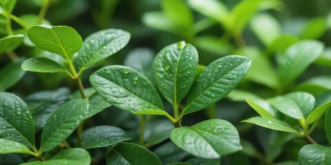 Green foliage of Gagabusan plants with water droplets from rain on leaves and stems