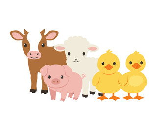 Obraz premium Adorable Farm Animals: Calf Lamb Piglets and Ducklings.