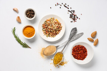 Composition with fresh aromatic spices on grey background