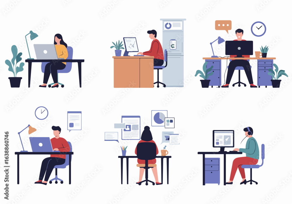 Wall mural diverse professionals engaged in various office and remote work tasks using computers and laptops, i