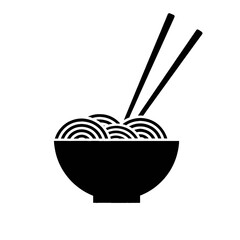 Simple black and white illustration of a bowl filled with noodles and chopsticks.