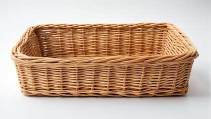 A wicker basket with rectangular shape sitting on a plain white surface