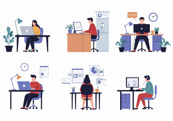 Diverse professionals engaged in various office and remote work tasks using computers and laptops, illustrating productivity and modern business environments.