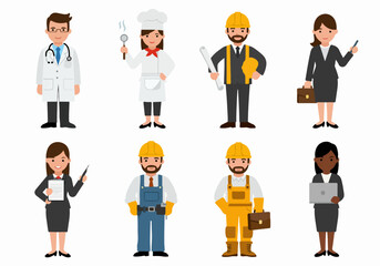 Collection of diverse cartoon characters representing various professional occupations and careers.