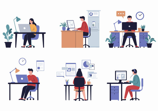 Diverse professionals engaged in various office and remote work tasks using computers and laptops, illustrating productivity and modern business environments.