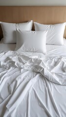 Clean crumpled white bed sheet and pillow after use in the bedroom with a serene atmosphere