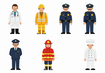 Set of Male Professionals in Flat Design Style: Essential Workers and Everyday Heroes