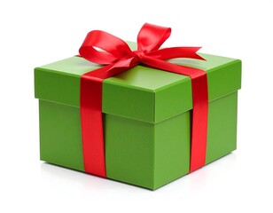 Square green gift box with a red ribbon