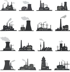 Industrial silhouettes collection displaying power plants factories and emission smoke on a white background