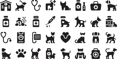 Veterinary clinic icons dog cat medical supplies stethoscope paw print pet care animal hospital