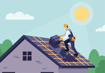 Professional roofer builder wearing a helmet installing new shingles on a residential house roof, home improvement and construction industry illustration.