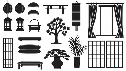 Illustration of asian inspired interior design elements including lanterns and plants and window frames silhouette