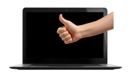 A hand with a thumb up comes out of a laptop transparent background .png