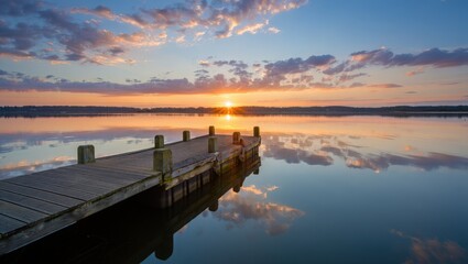 Obraz premium A wooden dock extends into a calm lake reflecting a vibrant sunset with scattered clouds above the horizon