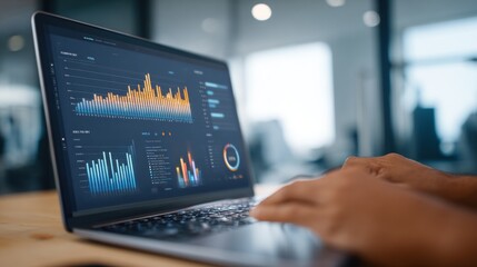 Data Analysis: A close-up captures a modern laptop displaying dynamic data analytics, highlighting trends and insights in a business environment.