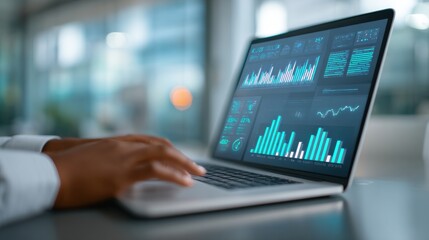 Data Analysis Insight: A close-up view of hands on a laptop displaying intricate data analysis charts, highlighting the analytical power of modern technology in a contemporary office setting.