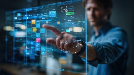 Visionary Touch: An innovative professional engages with a transparent futuristic interface, a symphony of data and interaction, illuminated by digital possibilities.