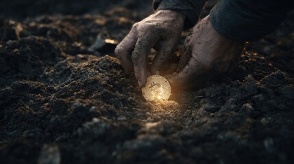 Obraz premium New Beginnings: A close-up shot of a calloused hand placing a luminous coin into the dark earth, symbolizing investment, savings, and new opportunities.