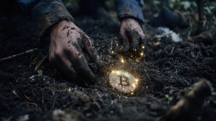 Hidden Treasure: Hands carefully unearth a glowing bitcoin amidst a scene of exploration and the promise of digital assets and financial innovation.