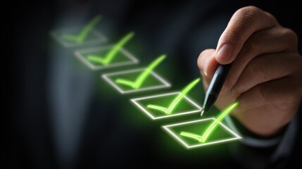 Achieving the Checklist: A hand uses a pen to check boxes on a glowing virtual checklist, highlighting commitment, attention to detail, and accomplishment.
