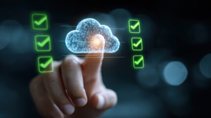 Cloud Computing: Hand interacting with a luminous cloud, accompanied by checkmarks, symbolizing the successful completion of technological processes in a dark background.