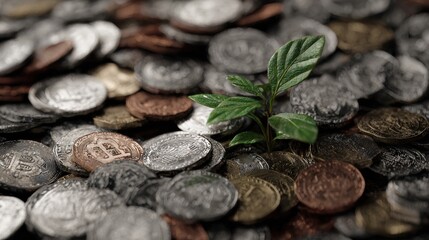 Sprouting Seedling on Coins: A close-up shot of a small, vibrant green seedling emerging from a pile of assorted coins, symbolizing growth and prosperity in a financial context.