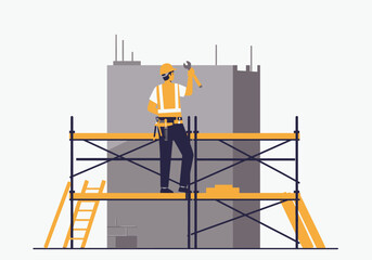 A professional builder in a safety helmet stands on scaffolding at a construction site, a skilled worker with a hammer.
