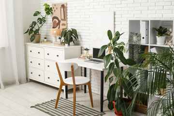 Interior of office with workplace, drawers and shelf unit