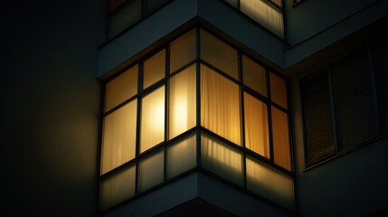 Fototapeta premium Warm Glow Through the Glass: Illuminated interior of building with multiple glass windows at dusk, radiating a warm, inviting light, creating a sense of comfort and mystery.