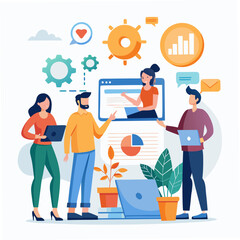 Team collaborating on a digital project with data and analytics