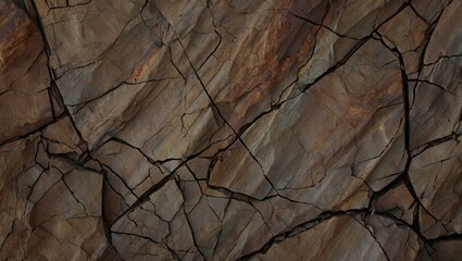 Close up of a cracked and textured stone surface with earth tone colors and dark line patterns