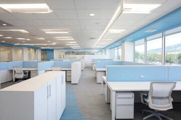 Modern office interior with light blue accents