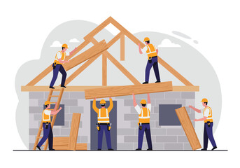A dedicated team of professional builder contractors working together to construct a new house, assembling the wooden roof frame and structure.