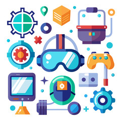 Collection of flat design icons representing virtual reality and gaming technology