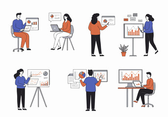 Business people analyzing data and presenting insights through charts and graphs, showcasing various aspects of financial and marketing growth.
