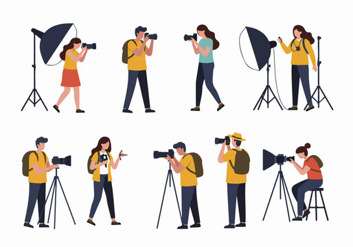 Collection of diverse cartoon photographers with professional cameras and studio equipment, capturing moments on a white background.