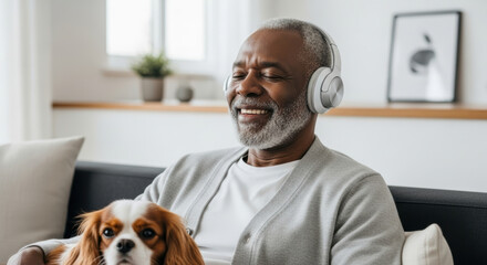 Relaxed senior man enjoys peaceful moment listening to music with headphones while sitting on sofa at home, accompanied by loyal dog for cozy companionship and tranquility