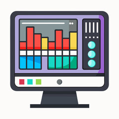 Computer monitor displaying colorful bar graphs and data analytics