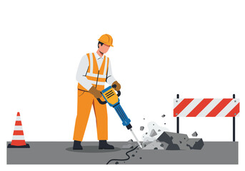 Obraz premium A professional builder in safety gear operates a pneumatic jackhammer, demolishing concrete for road repair on a construction site.